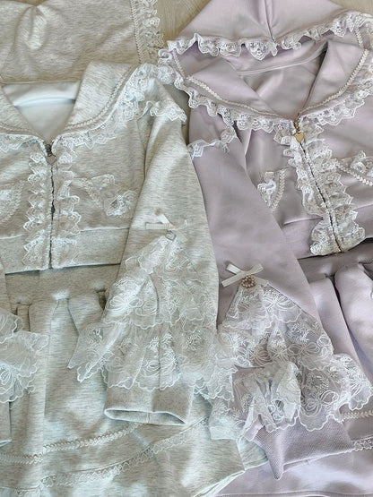 Collar Skirt Closure Sports Set- Sailor Trim Zip Hoodie+Lined Lace Ruffled Gray Jirai Kei