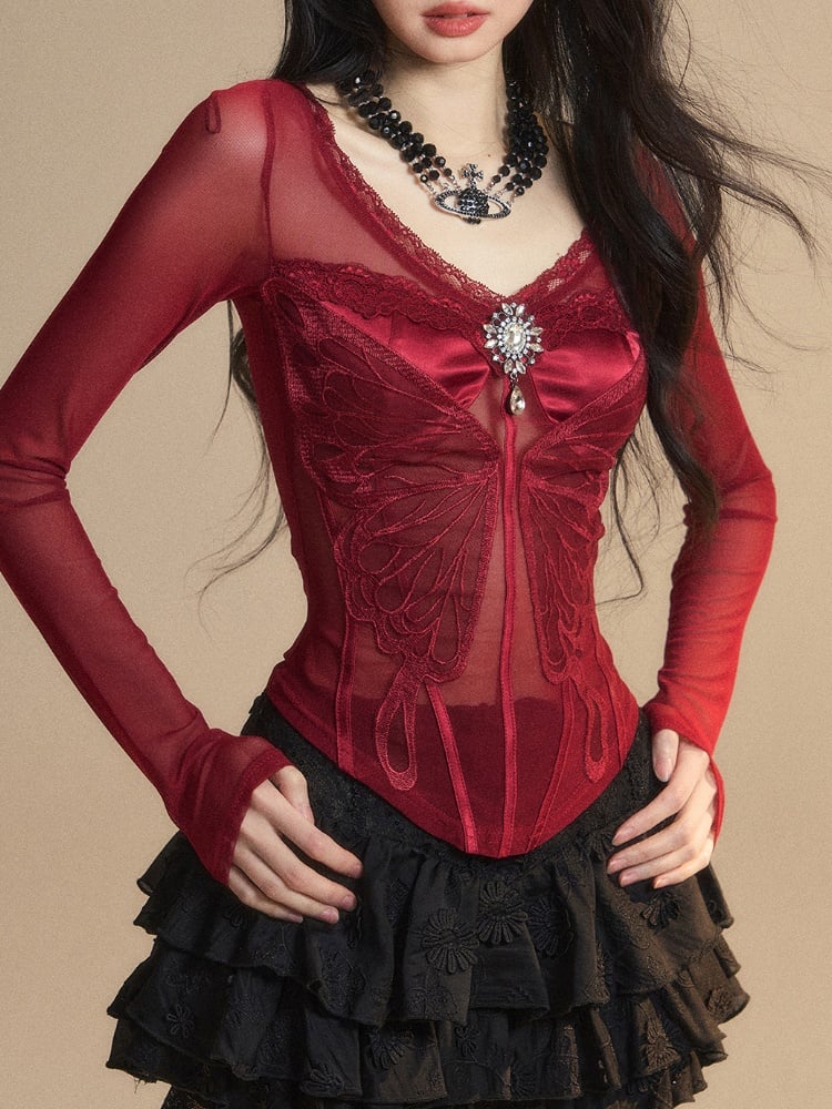 Rotes Top mit V-Ausschnitt und glamouröser Schmetterlingsstickerei mit Strassverzierung