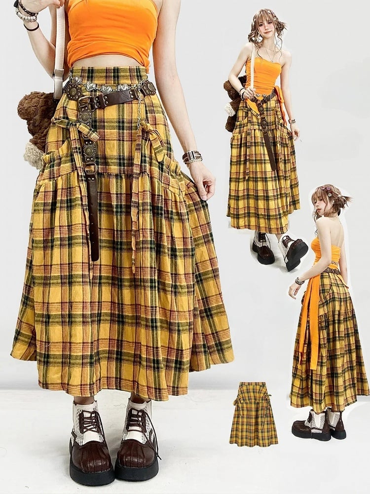 Y2K Details Plaid Bowknot Skirt Pattern Yellow