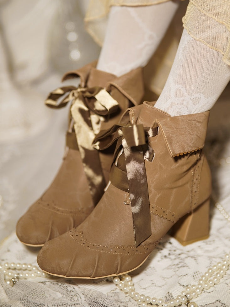 and Boots Fleece Ankle Fold-Over Cuff Design Lolita Brown Lining Plush - with Elegant Lace-Up