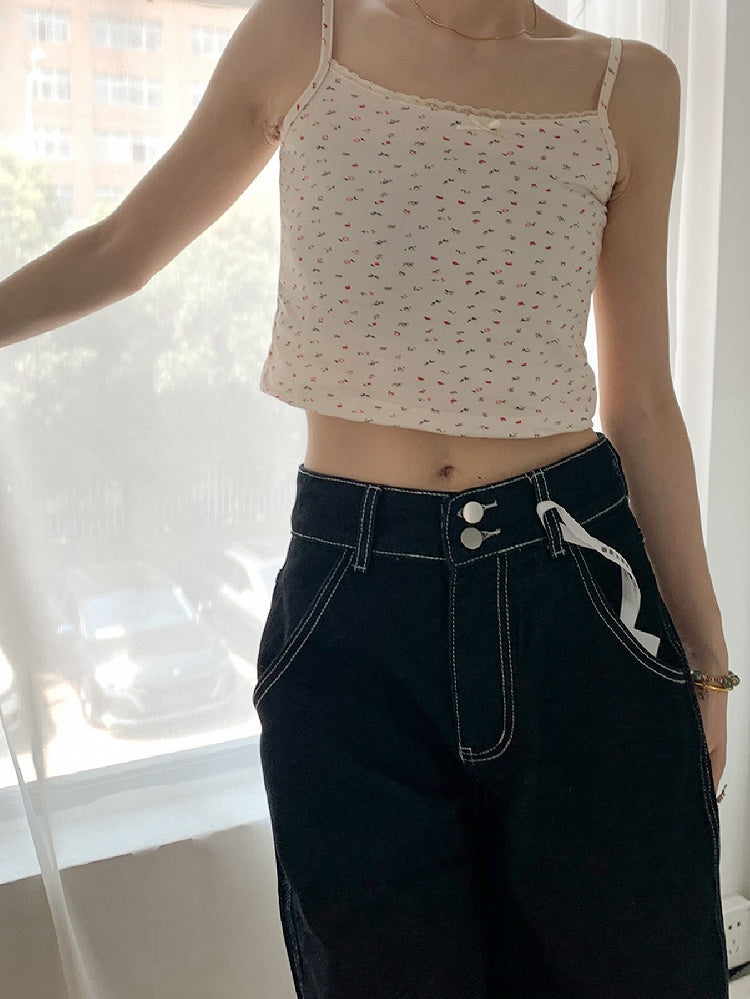 Top Beige/Weiß Print Cami Blumenspitze Trim Bowknot verziert