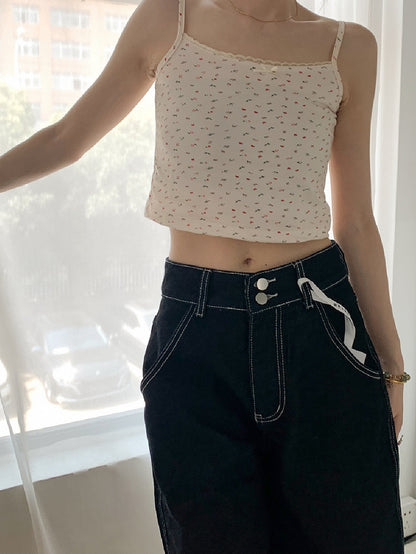 Top Beige/Weiß Print Cami Blumenspitze Trim Bowknot verziert