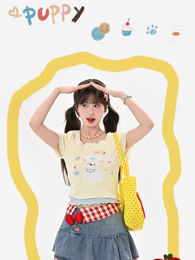 T-Shirt Saum Quadratischer Ausschnitt Apricot Welpendruck Salat