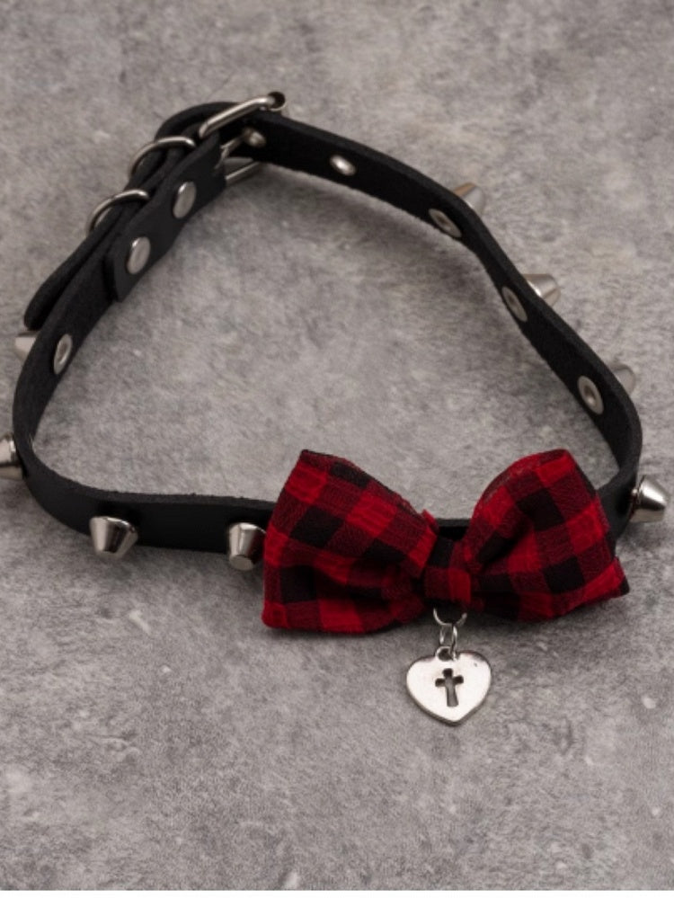 With Red Plaid Black And Pattern Pendant Heart Bowknot Choker