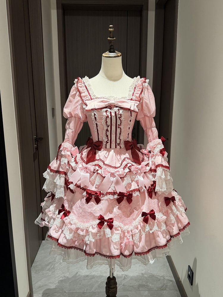 Lace and Pink Accents Trims Bear Sweet Embroidery Bow Dress Lolita White with