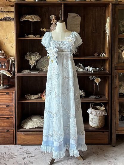 Blue Empire Waist Flutter Sleeves Sequins Bead Dress - Iris fleur