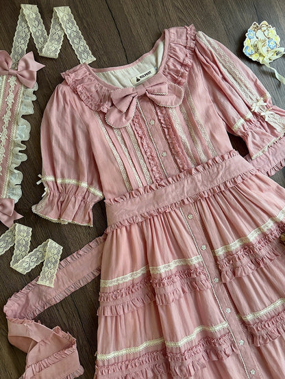 Pink Layered Ruffles Elegant Dress with Front Buttons - Miss Point