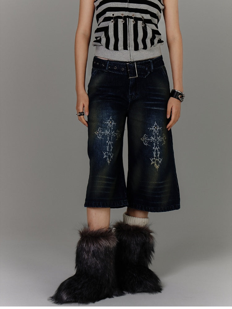 Buckle Distressed Jeans Blue Print Faded Wash Glamorous Belt with Cross