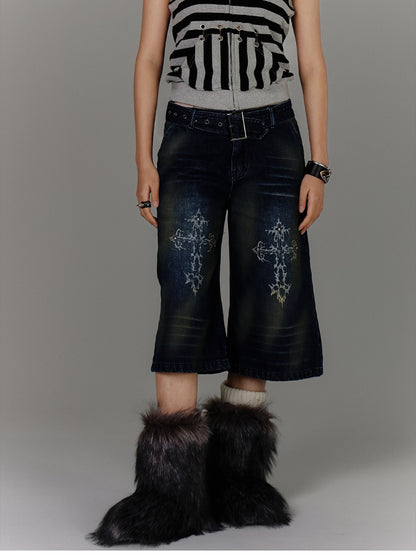 Buckle Distressed Jeans Blue Print Faded Wash Glamorous Belt with Cross