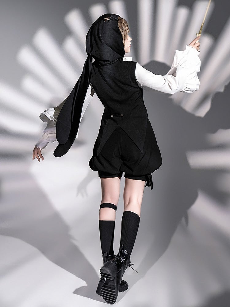 Ouji Lolita-Weste mit Kapuze und schwarzen Ohren, übergroß, Hase