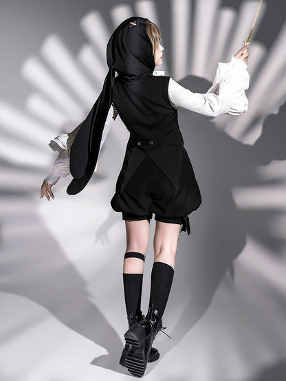 Ouji Lolita-Weste mit Kapuze und schwarzen Ohren, übergroß, Hase