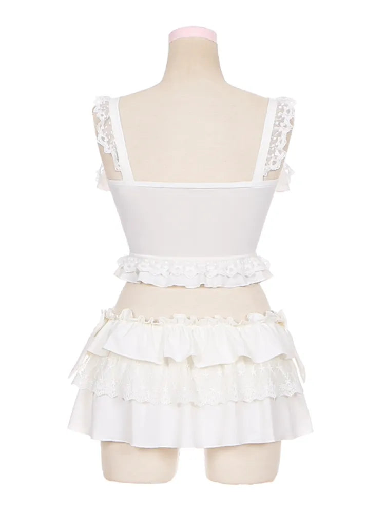 詳細 ティアードトリム ホワイト リボンフリルスカート + トップ 水着