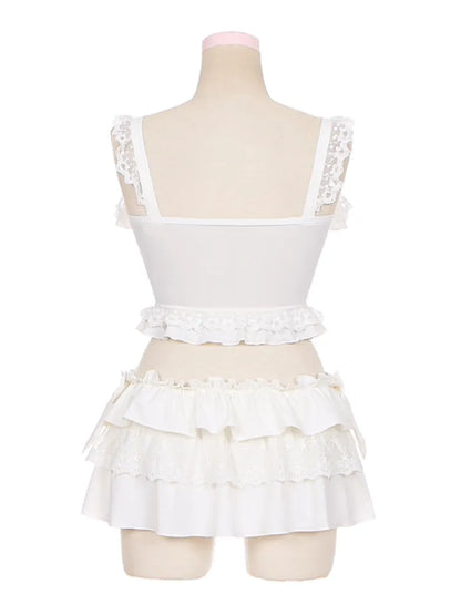 詳細 ティアードトリム ホワイト リボンフリルスカート + トップ 水着