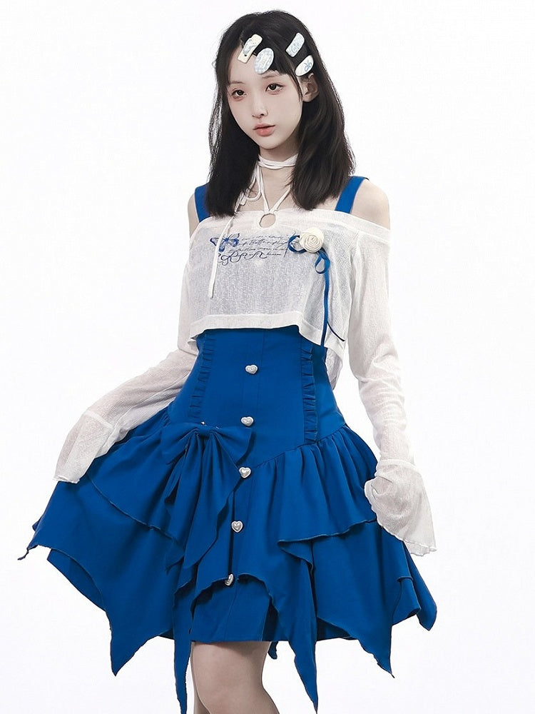 Blue Asymmetric Cami Dress with Ruffle & Bow - PINK SAVIOR