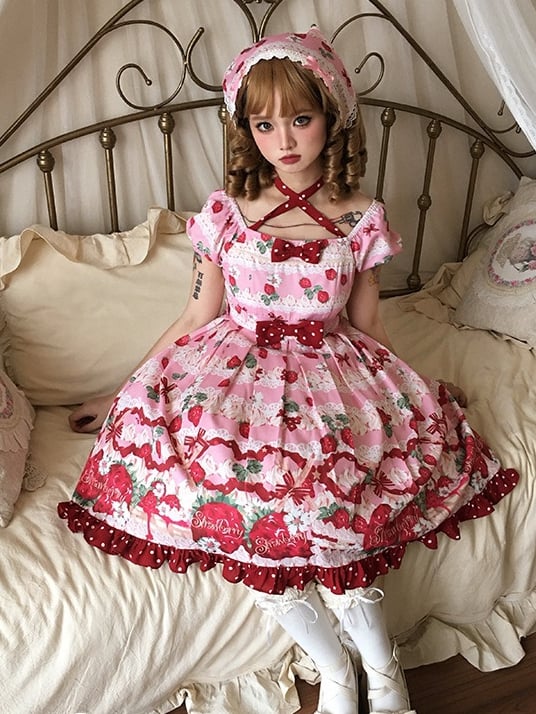ピンクストロベリーハイウエストスイートロリータドレス