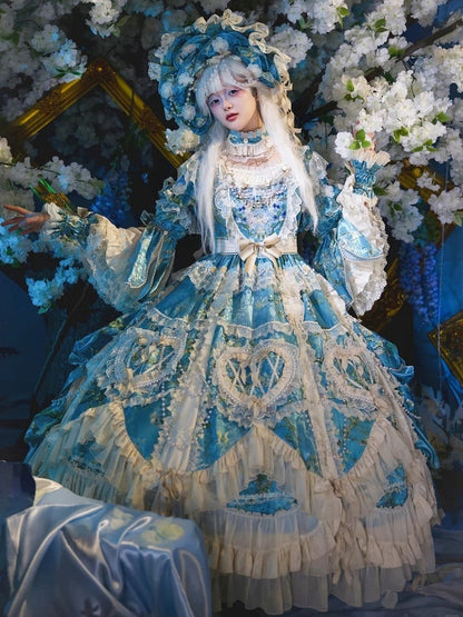 with Sleeves Sweetheart and Ruffle Layers Bell Applique Gorgeous Blue Gown Hime Lolita Beaded Lace