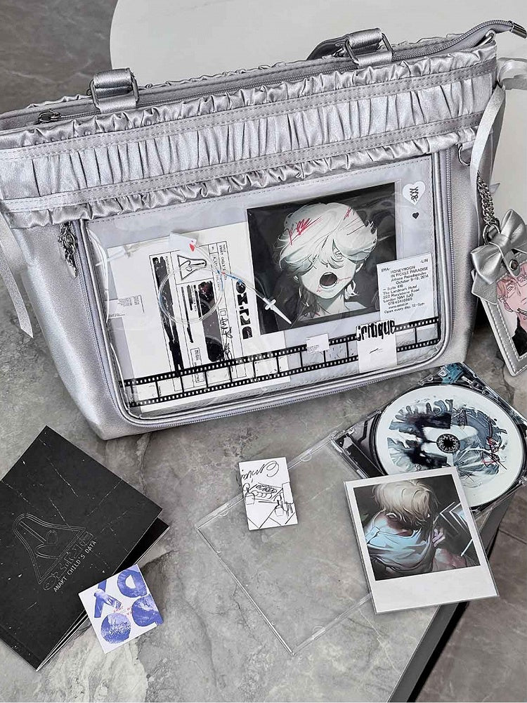 Trim Ita Bag Silver Ribbon Bow Large Capacity Tote Ruffled