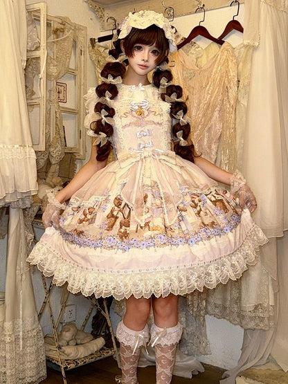 Cute Bear & Flower Pattern Sweet Purple Lolita JSK Gown - Stars Fall on the Foggy Island