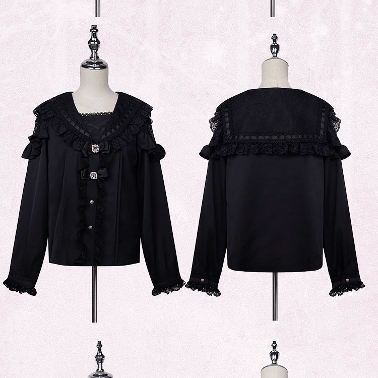 Black Rhinestones Bowknots Blouse Jirai Kei Sailor Collar Ruffled Lace Trim