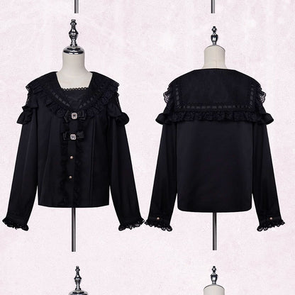 Black Rhinestones Bowknots Blouse Jirai Kei Sailor Collar Ruffled Lace Trim
