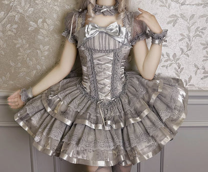 Silberne Ärmel Korsett Kitty Lolita Bunny Puff Grau und kurzes Kleid Print