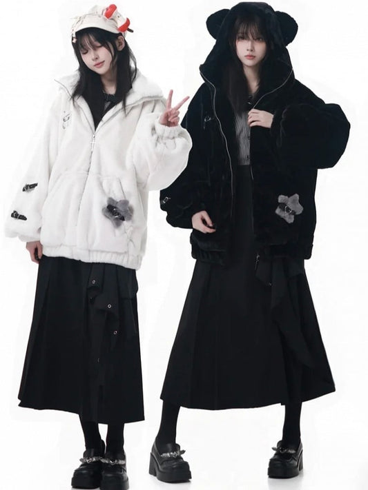 Hooded with Bear Ear Plush Embroidery Black/White Buckle Strap and Lined Pin Accents Coat