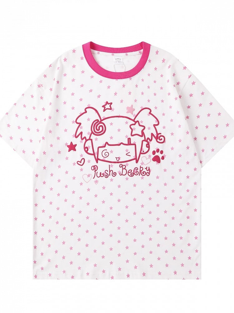 White Short Sleeve Tee with Star & Cartoon Girl Graphic - Languid Park