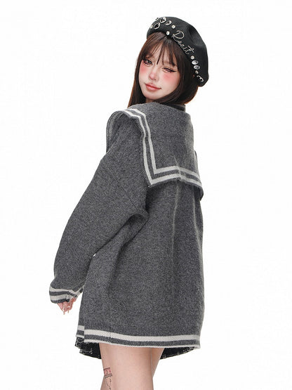 Gray Sailor Collar Cardigan with Button Placket - Kelly Kitty