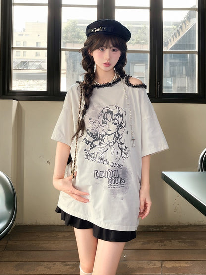 Y2K Black/White Ruffled Lace Trim Neckline T-Shirt Shoulder Cutout Girl Print Cotton