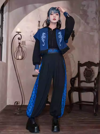Blau-schwarze Koralle-Cheongsam mit weitem Bein und Bündchen, Seepferdchen- und Printmuster
