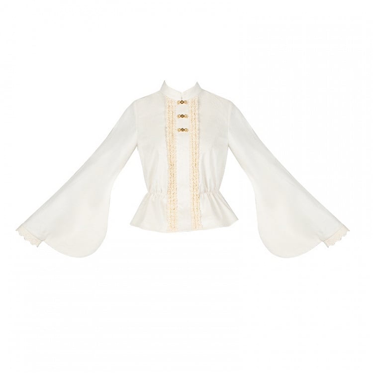 White Banded-Collar Han Lolita Long-Sleeve Blouse