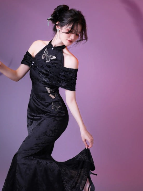 Classic Cheongsam Fish Tail Long Dress with Butterfly Cutout & Jacquard - sijinstudio