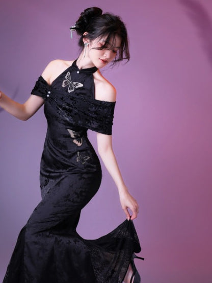 Classic Cheongsam Fish Tail Long Dress with Butterfly Cutout & Jacquard - sijinstudio