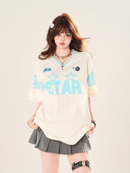 ブラック/ホワイト Vネック レタープリント ブロケット コア Tシャツ