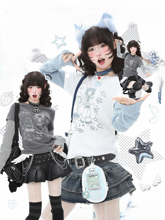 Cartoon Print Long Top Vibes: Otaku Striped Faux Sleeve Two-Piece White/Gray Cozy