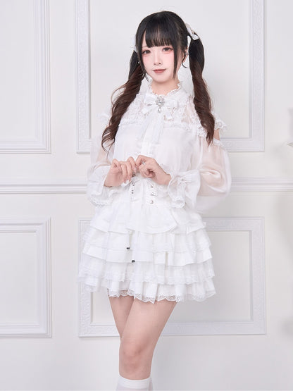 Weiße Bluse aus Jirai-Chiffonstoff: Ärmel Kei lang