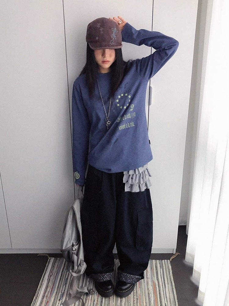Y2K Purple Crew-Neck Long-Sleeved Loose Tee with Distressed Graphic - innomoood