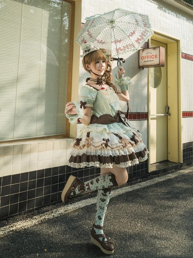 Waist Mint Bowknot Green Chocolate Details Lolita Dropped Layered Dress Sweet Hem