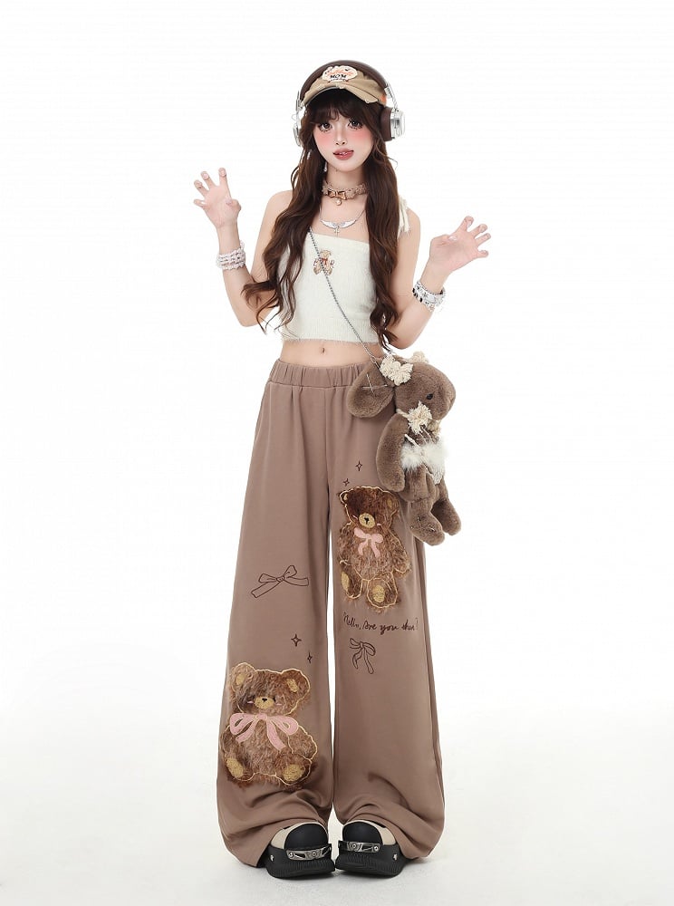 Kaffee/Graue Plüschhose mit Teddybär-Applikation und geradem Bein