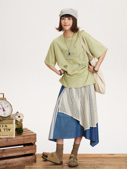 Vintage Design Waist Asymmetrical Lace Patch Skirt Elastic