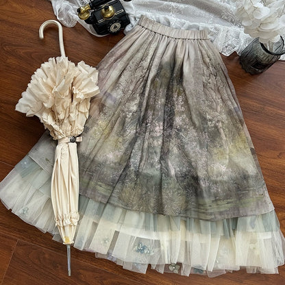 Green Oil Painting Print Flowers Tulle Hemline Lolita Skirt