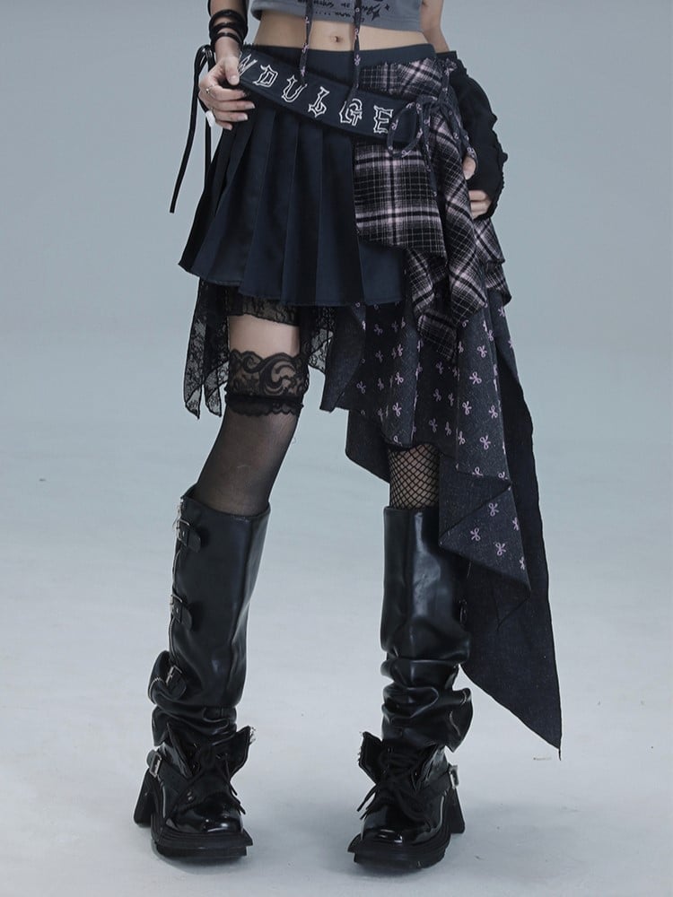 Gray Bow Pink Dark Plaid Asymmetrical Punk Pleated Skirt Print Panels with Patchwork