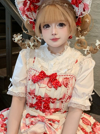 Plus Size White Black Pink Apricot Short Sleeve Lolita Stand Collar Blouse - Versatile girl