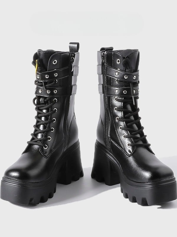 Chunky Lace-Up Heel Closure Dual System Punk on with Platform - Inner Buckle Zip Boots Black
