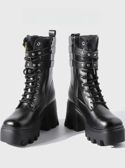 Chunky Lace-Up Heel Closure Dual System Punk on with Platform - Inner Buckle Zip Boots Black