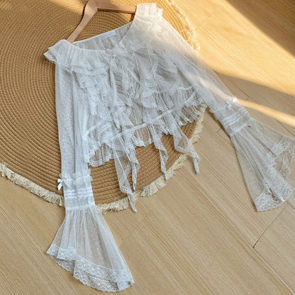 White Top Trim Sleeves Ruffle Long Dotted Sheer Cascading Tulle