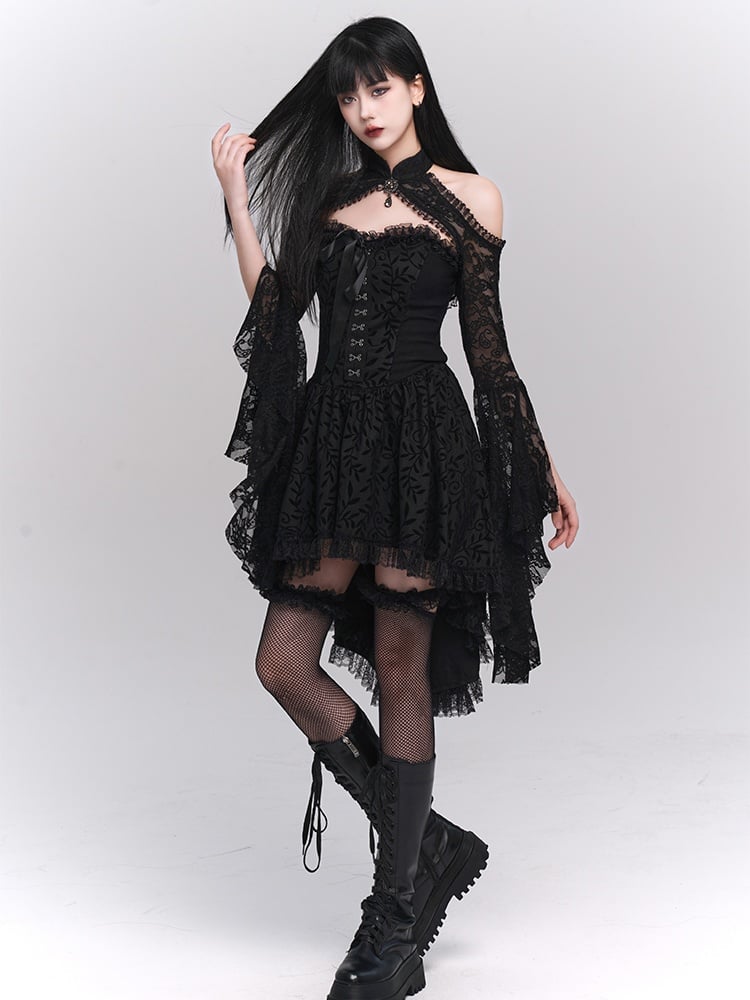 Gothic Black Off-the-shoulder Neckline Lace Ruffled High-low Dress