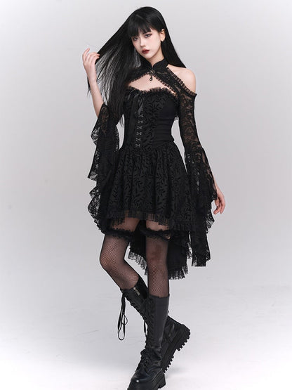 Gothic Black Banded Collar Bell Sleeves Lace Shrug