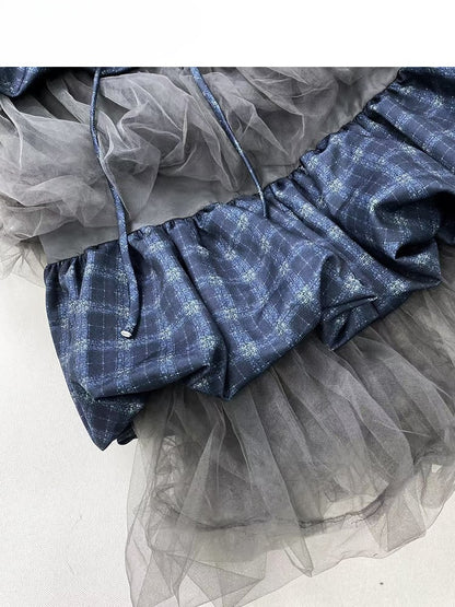 Blue Plaid Pattern Patchwork Tiered Bubble Skirt