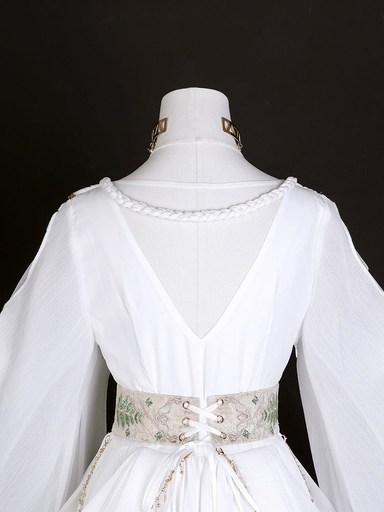 Greek-inspired White Lolita Gold Chiffon Corset Dress + Belt with Accents Embroidered
